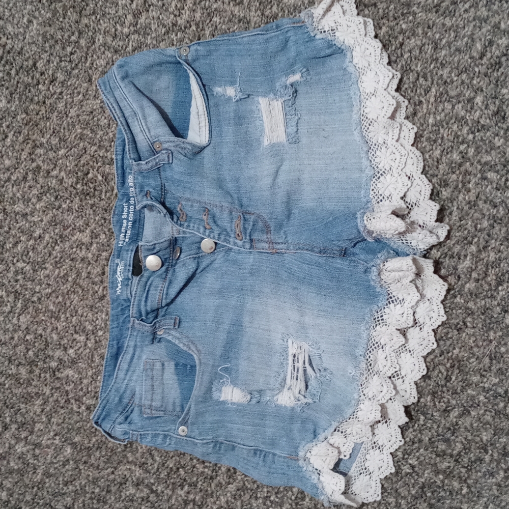 High-Rise Light Blue Denim Jean Shorts with Lace Trim